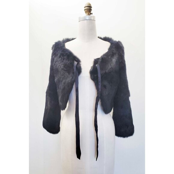 Vintage Y2K BEBE Black 100% Rabbit Fur Silk Bow Crop Bolero Shawl Jacket S - Picture 5 of 10